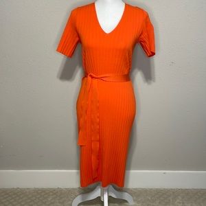 Ann Taylor Factory Bright Orange Ribbed Midi Dress with Waist Tie